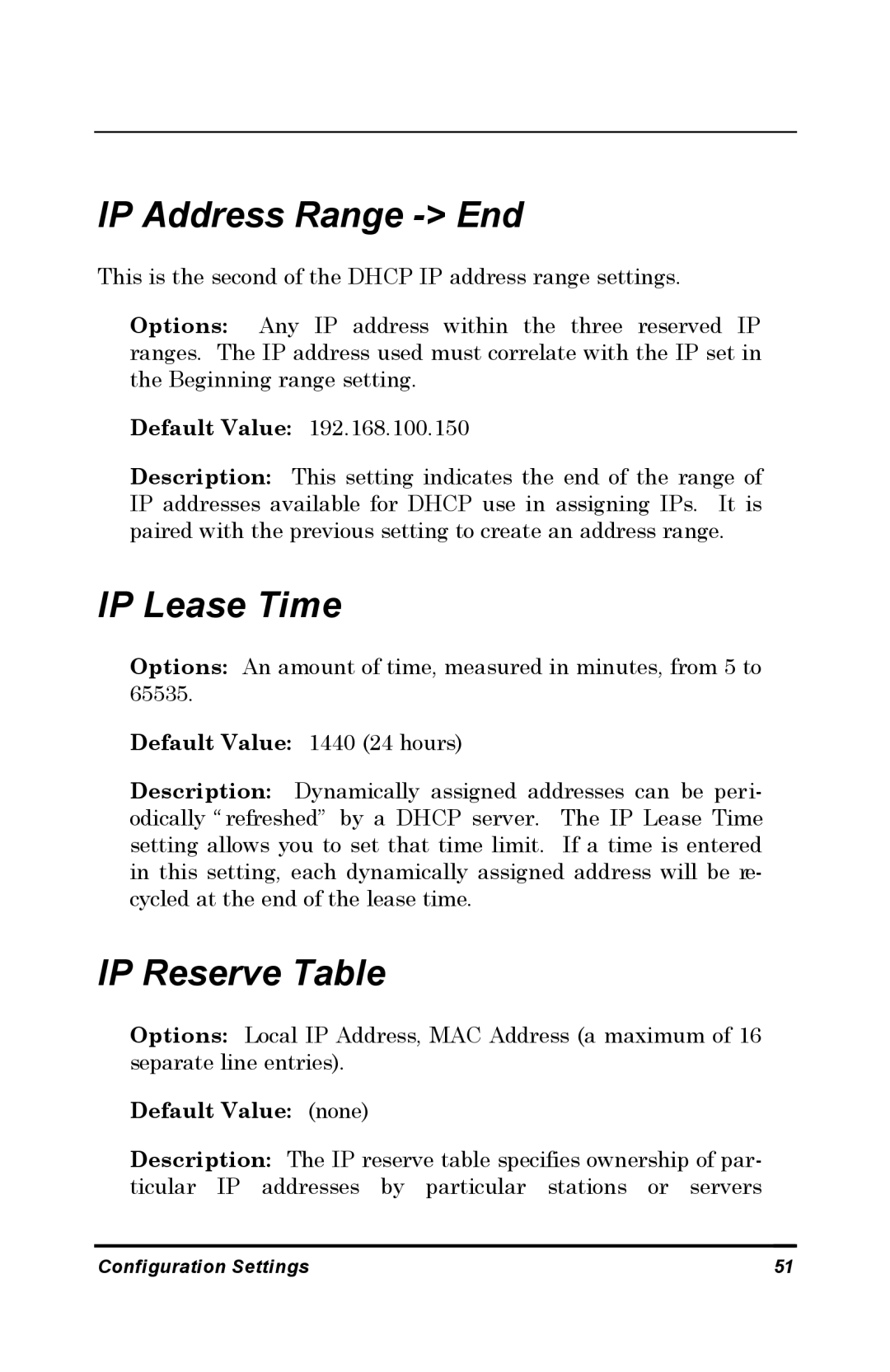 D-Link DP-802 manual IP Address Range End, IP Lease Time, IP Reserve Table, Default Value 1440 24 hours 