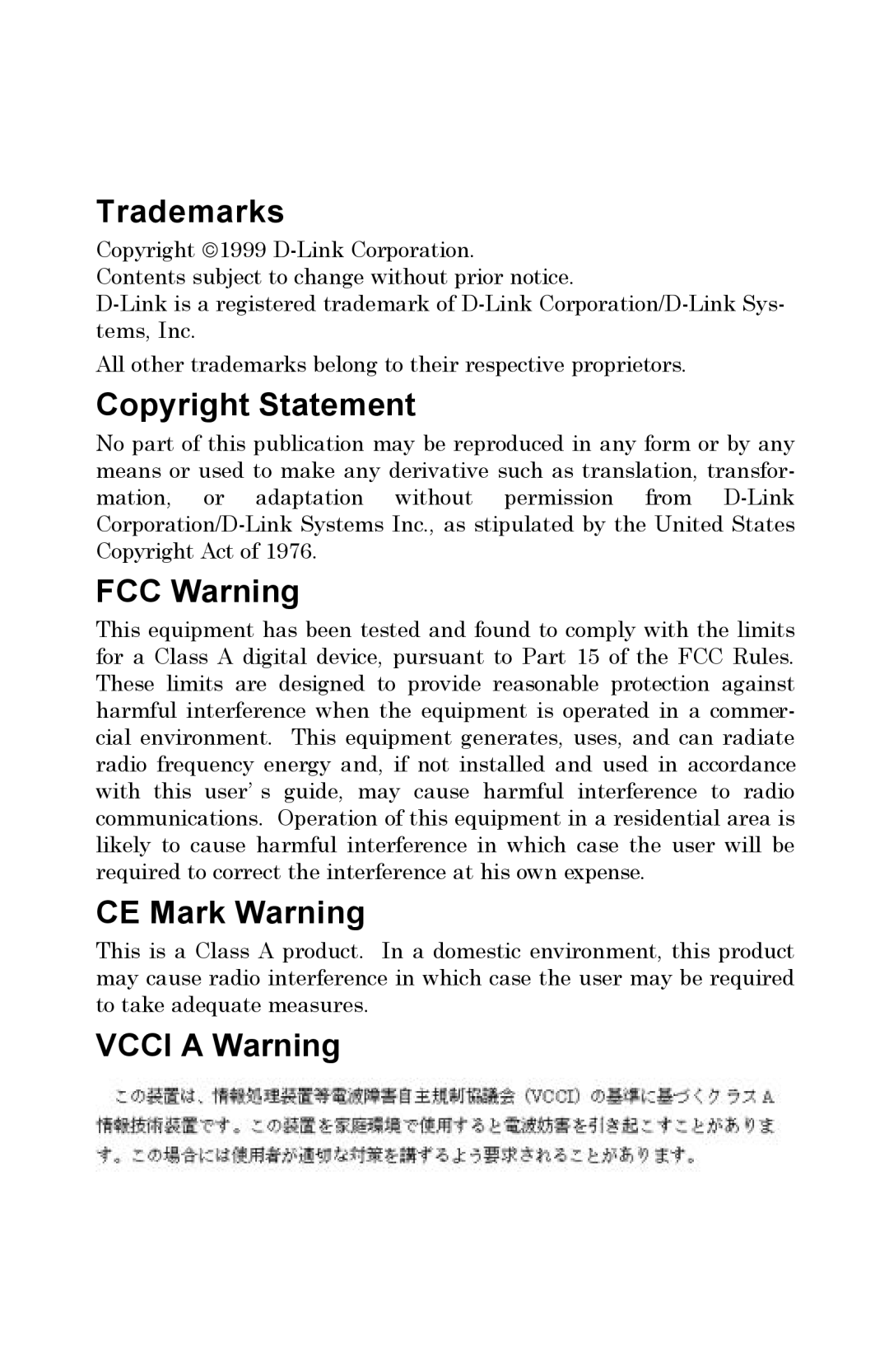 D-Link DP-802 manual Vcci a Warning 