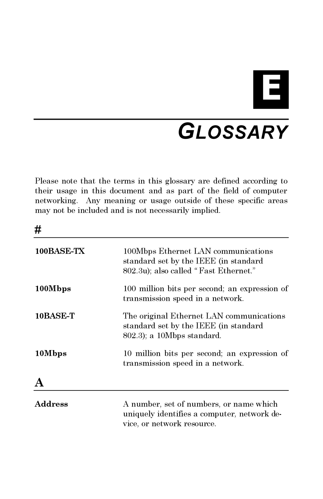 D-Link DP-802 manual Glossary, 100Mbps, 10Mbps, Address 