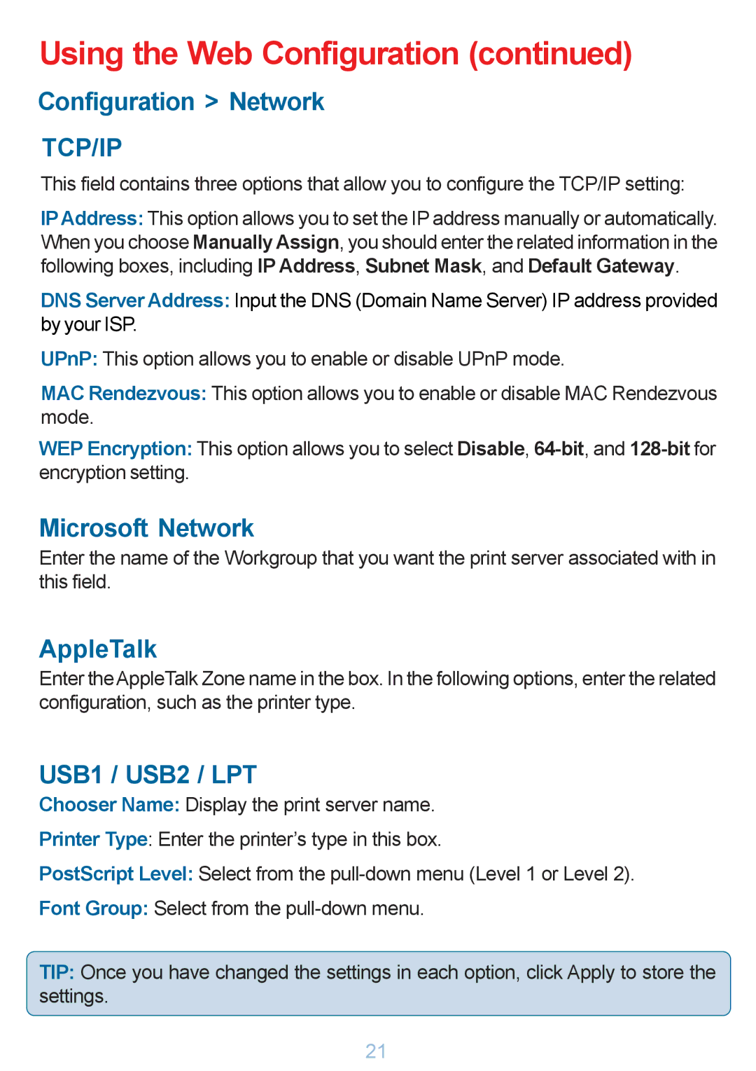 D-Link DP-G321 manual Configuration Network, Microsoft Network, AppleTalk 