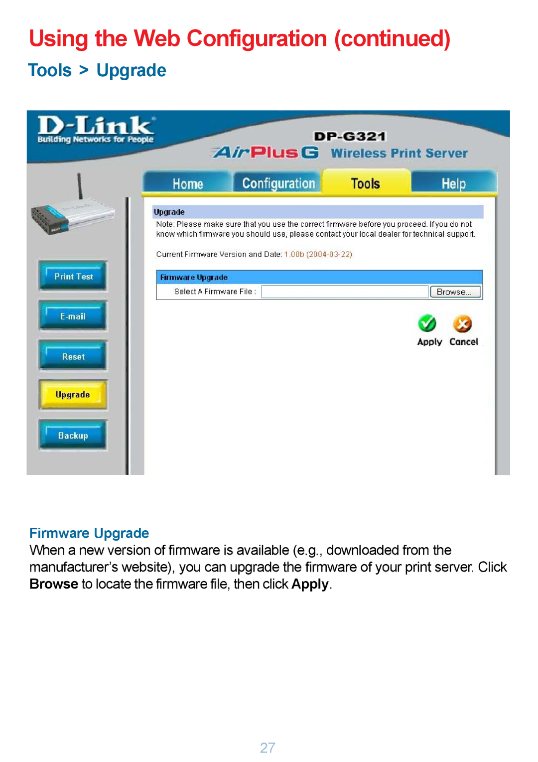 D-Link DP-G321 manual Tools Upgrade, Firmware Upgrade 