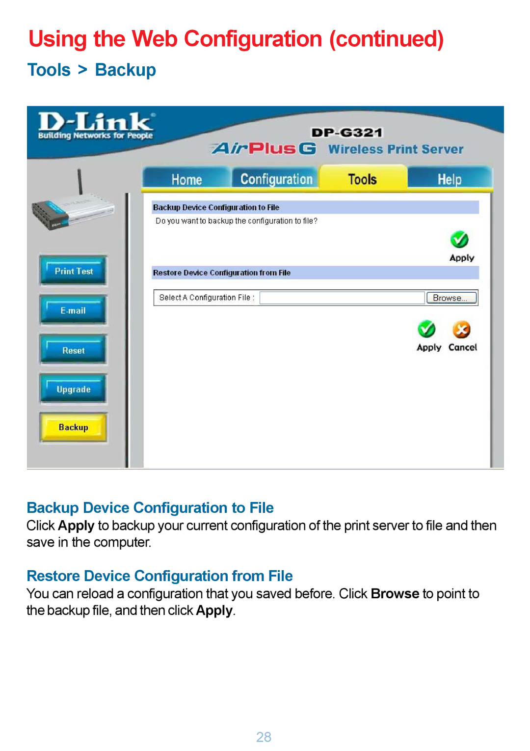 D-Link DP-G321 manual Tools Backup, Backup Device Configuration to File 