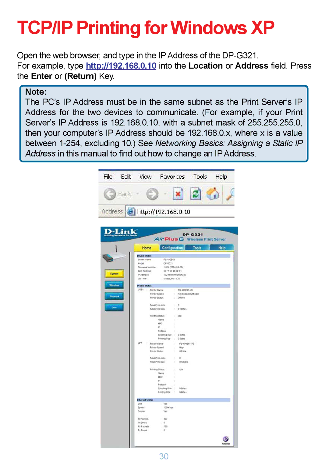 D-Link DP-G321 manual TCP/IP Printing for Windows XP 