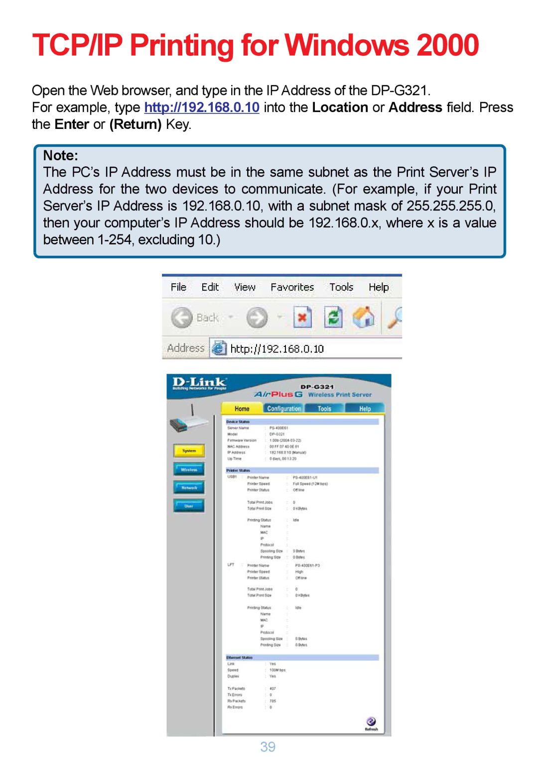 D-Link DP-G321 manual TCP/IP Printing for Windows 