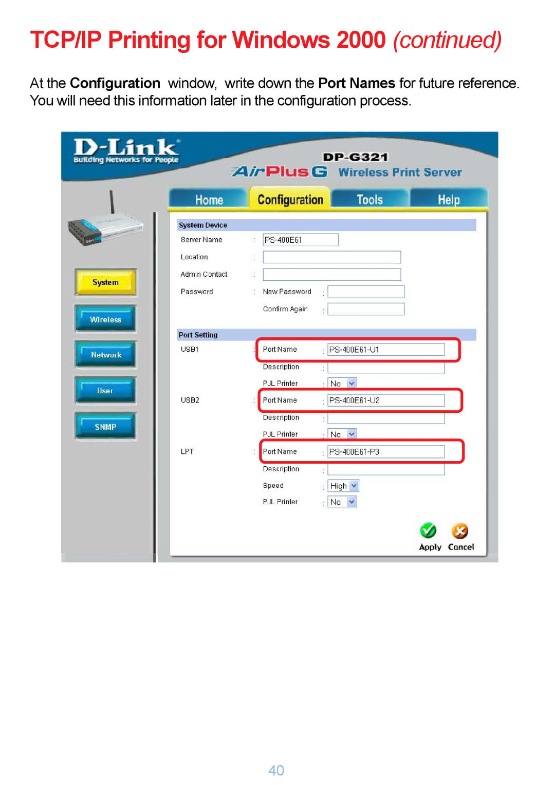 D-Link DP-G321 manual TCP/IP Printing for Windows 