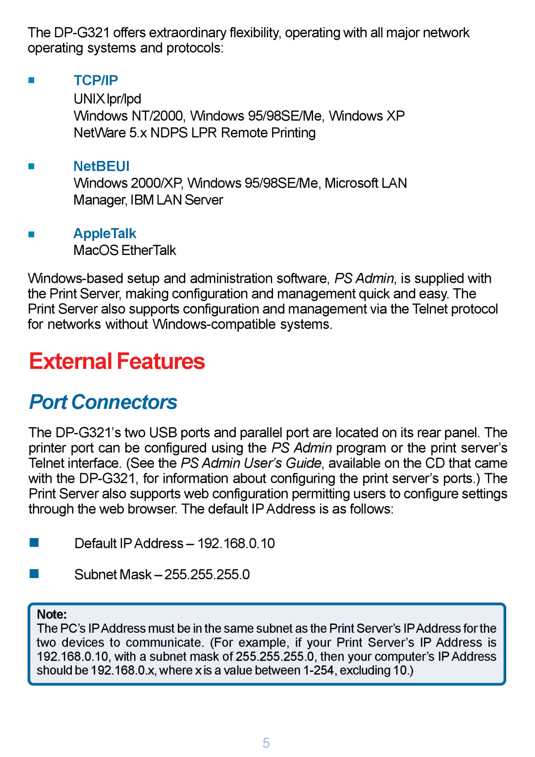 D-Link DP-G321 manual External Features, Tcp/Ip 