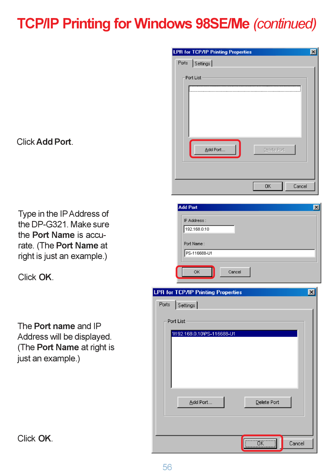 D-Link DP-G321 manual Click Add Port 