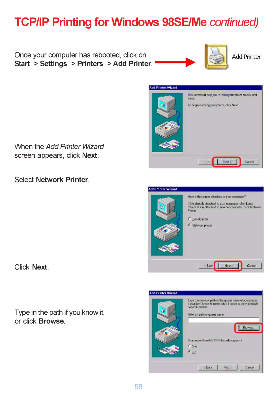 D-Link DP-G321 manual TCP/IP Printing for Windows 98SE/Me 