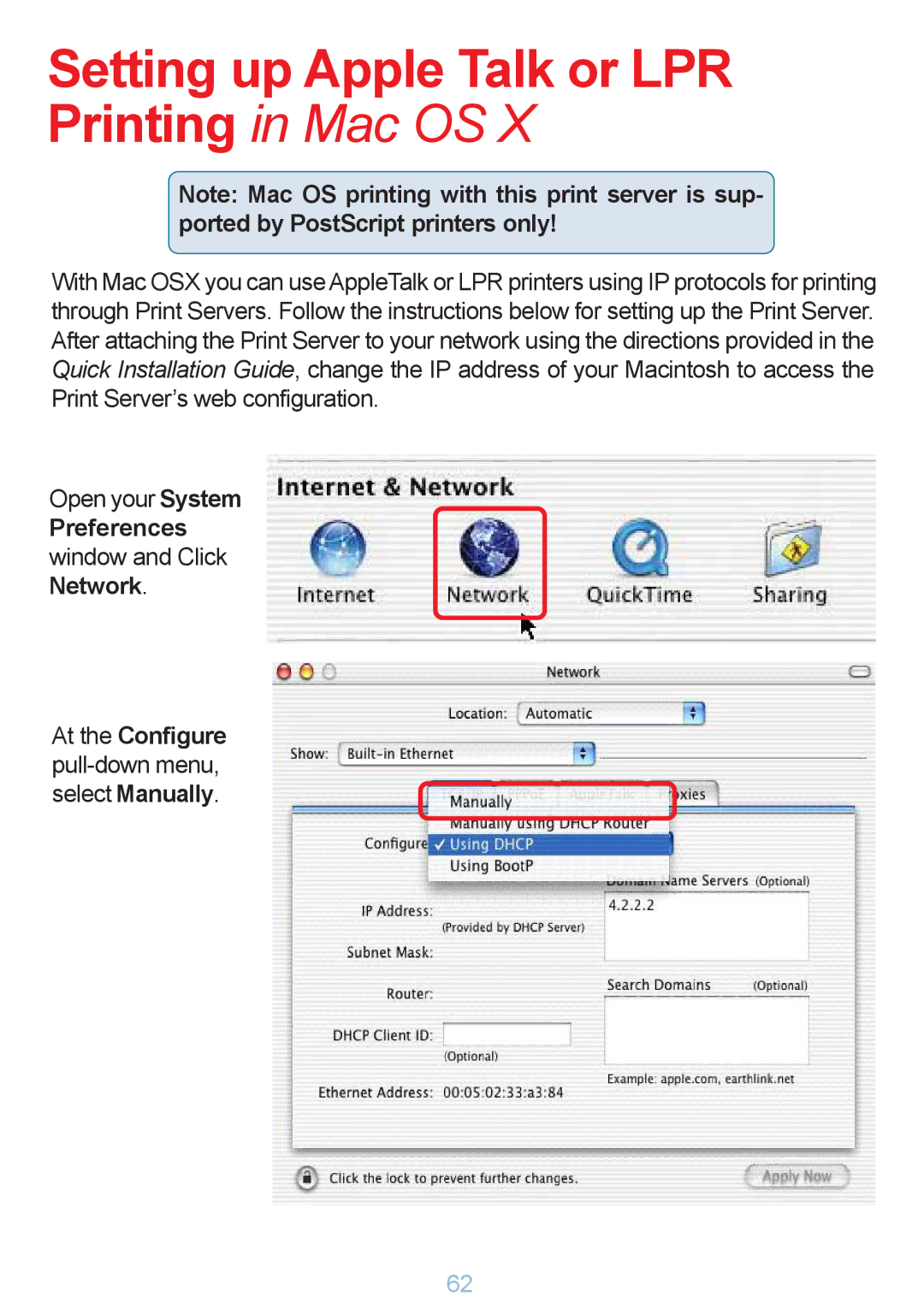 D-Link DP-G321 manual Setting up Apple Talk or LPR Printing in Mac OS 