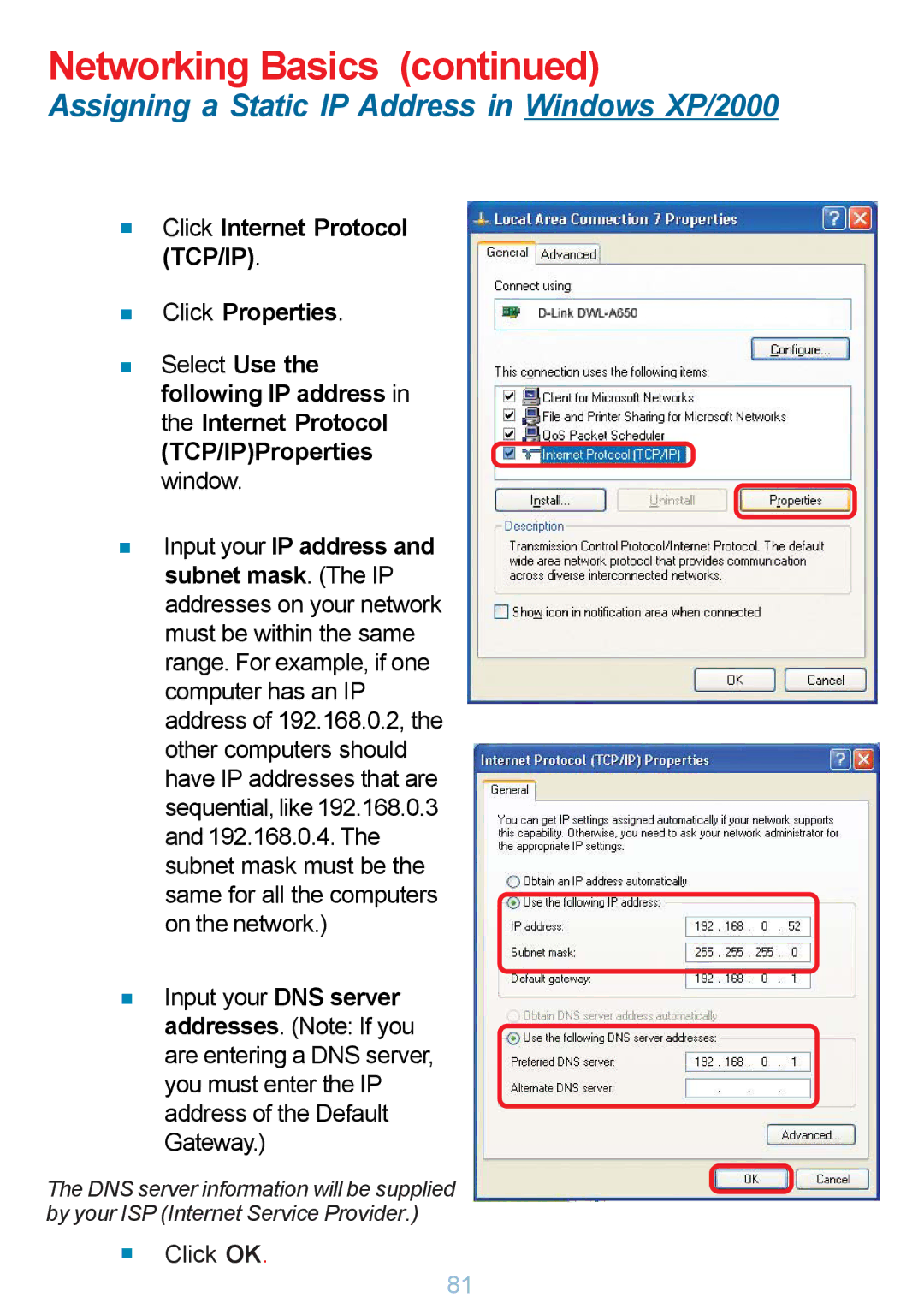 D-Link DP-G321 manual „ Click Internet Protocol TCP/IP „ Click Properties 