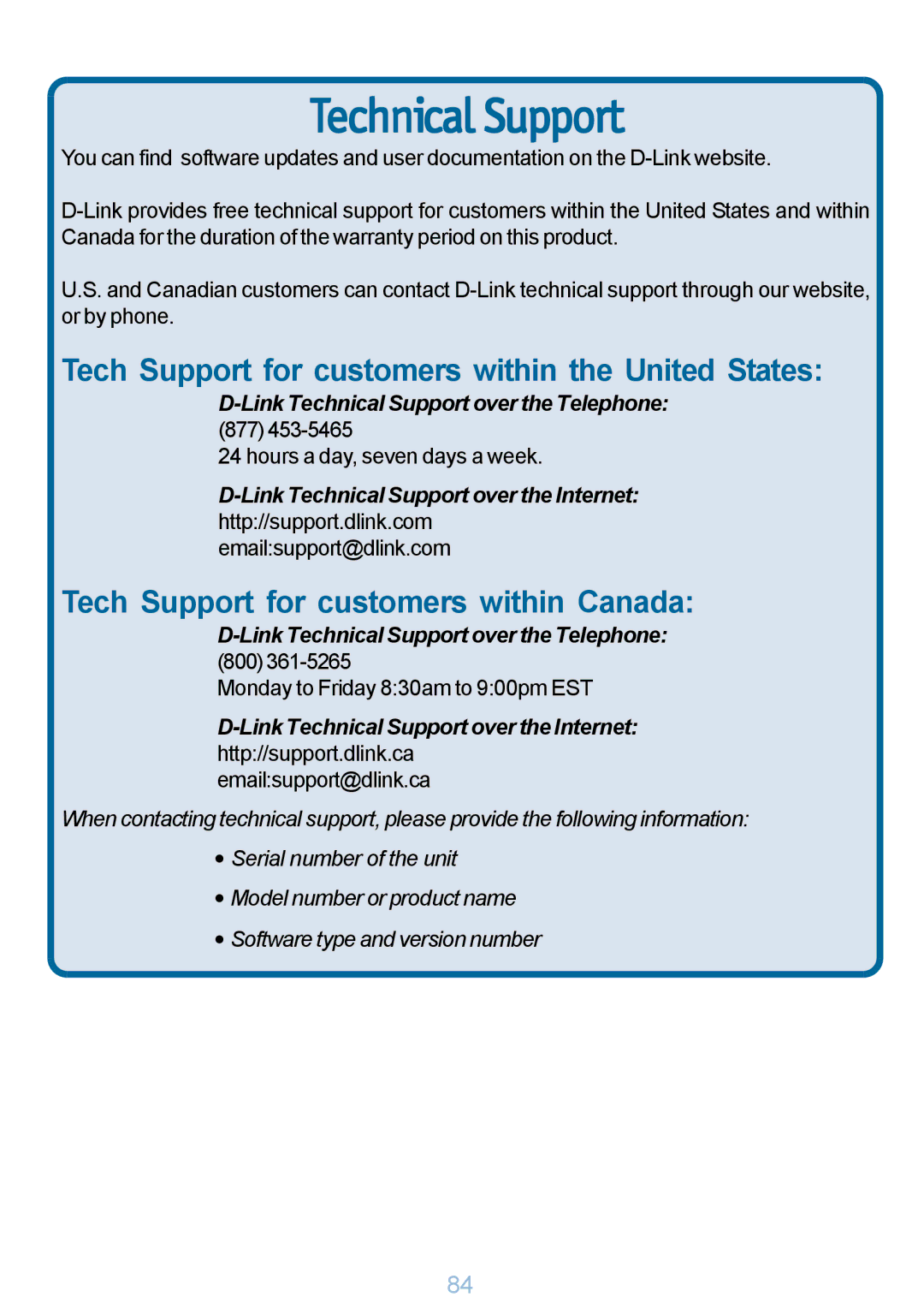 D-Link DP-G321 manual Tech Support for customers within the United States, Tech Support for customers within Canada 