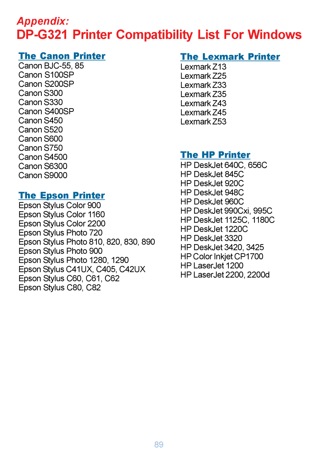 D-Link manual DP-G321 Printer Compatibility List For Windows 