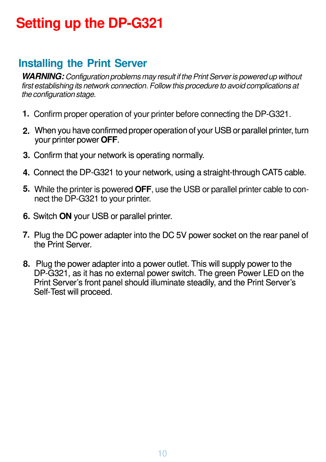 D-Link manual Setting up the DP-G321, Installing the Print Server 