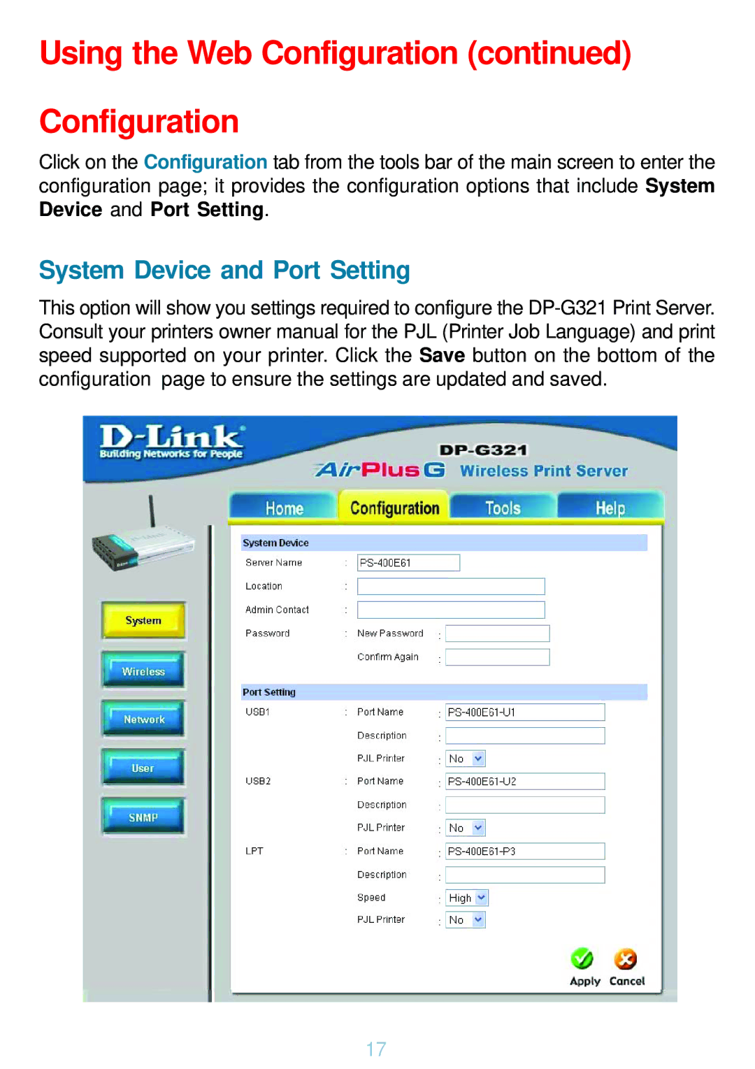 D-Link DP-G321 manual System Device and Port Setting 