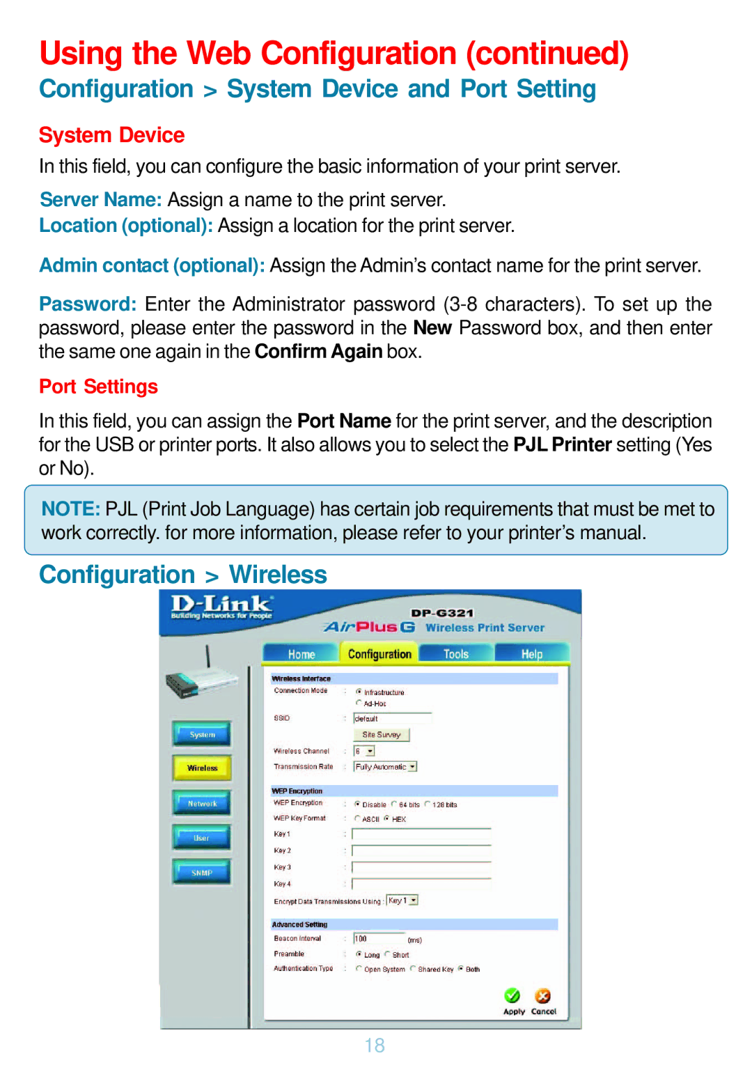 D-Link DP-G321 manual Configuration System Device and Port Setting, Configuration Wireless 