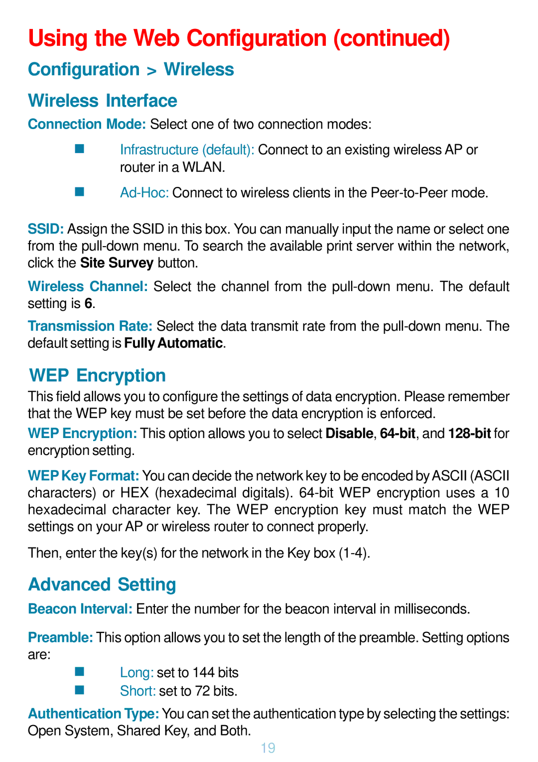 D-Link DP-G321 manual Configuration Wireless Wireless Interface, WEP Encryption, Advanced Setting 