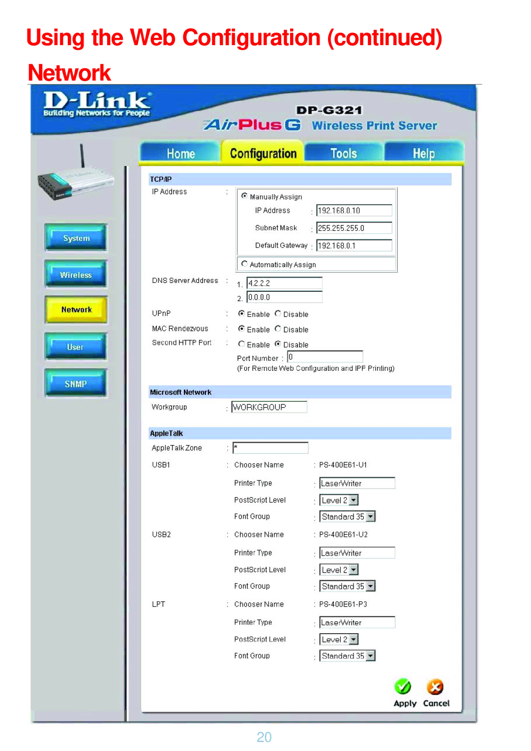 D-Link DP-G321 manual Using the Web Configuration Network 