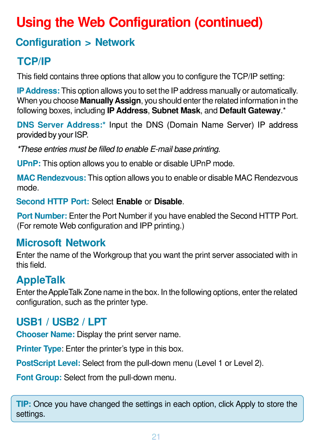 D-Link DP-G321 manual Configuration Network, Microsoft Network, AppleTalk 