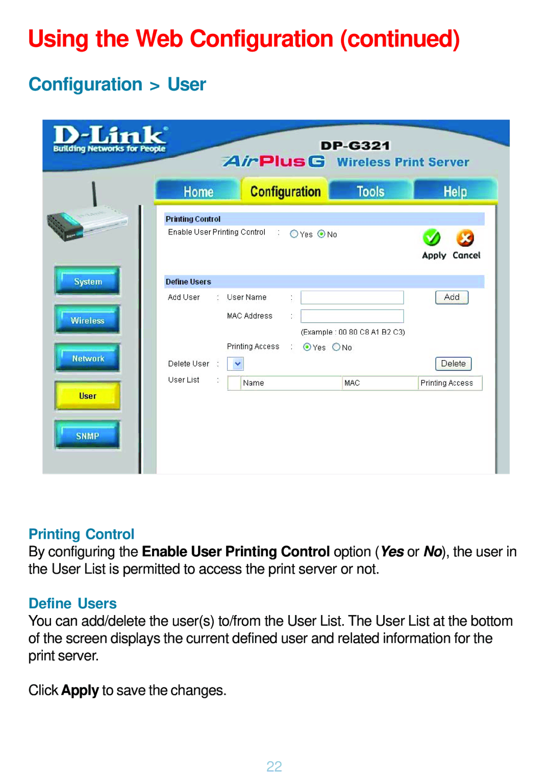 D-Link DP-G321 manual Configuration User, Printing Control 