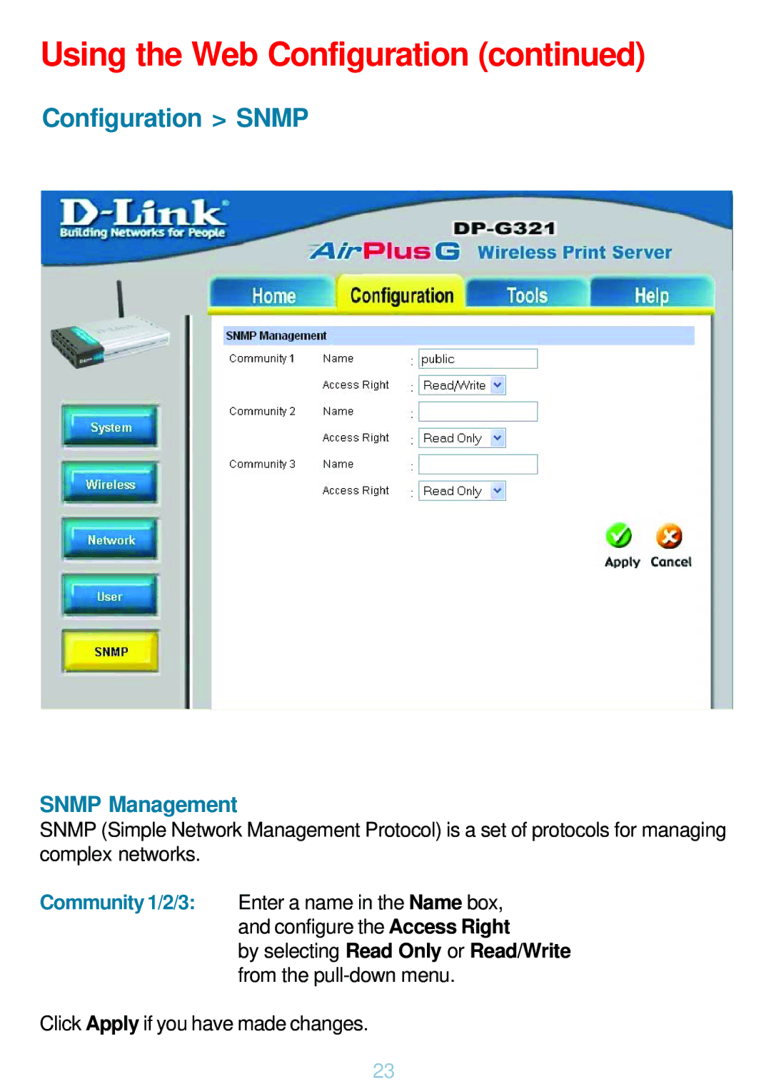 D-Link DP-G321 manual Configuration Snmp, Snmp Management 