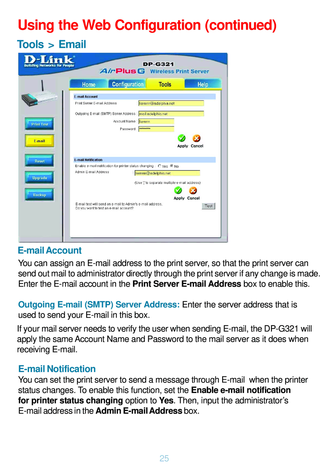 D-Link DP-G321 manual Tools Email, Mail Account 