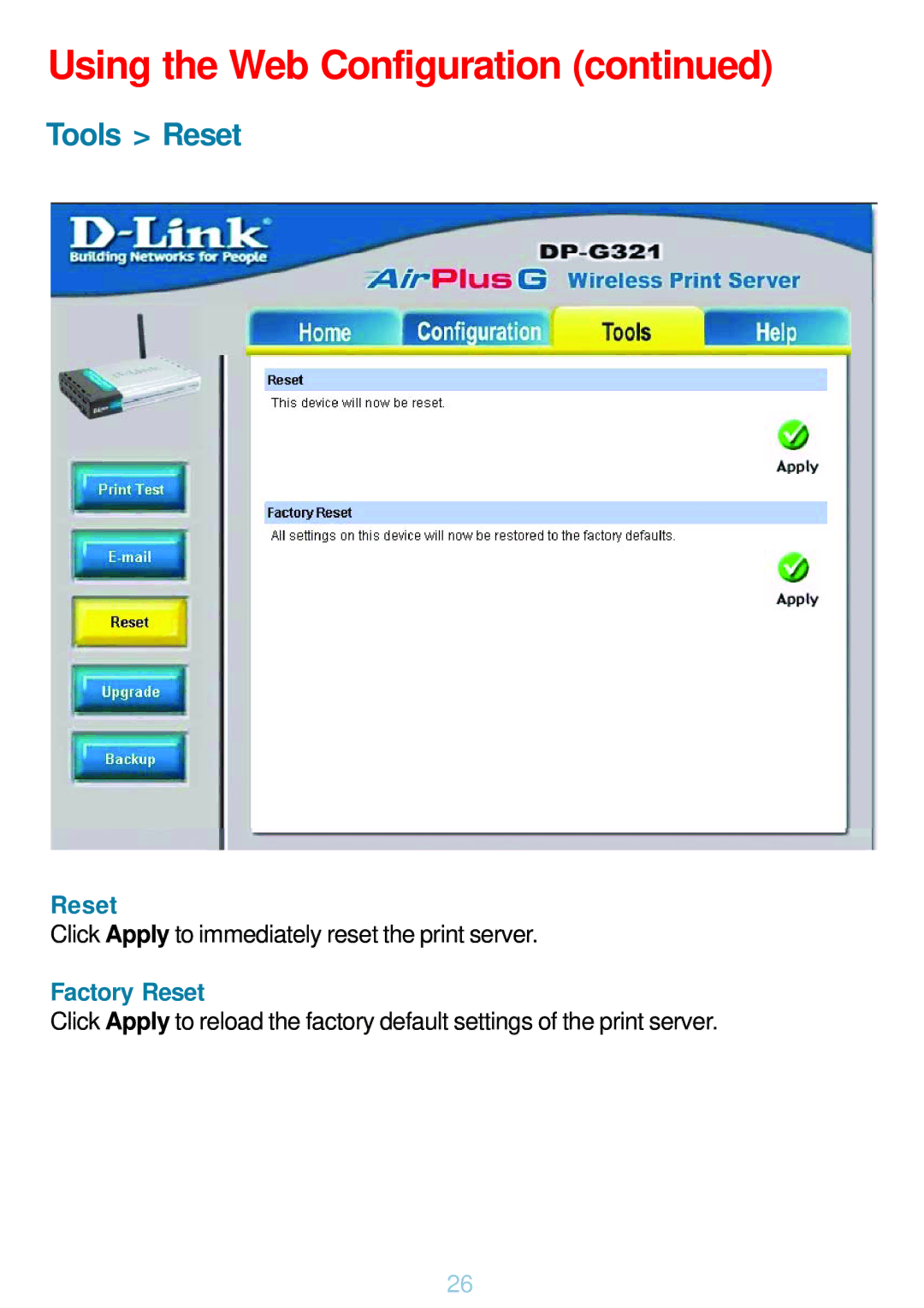 D-Link DP-G321 manual Tools Reset 