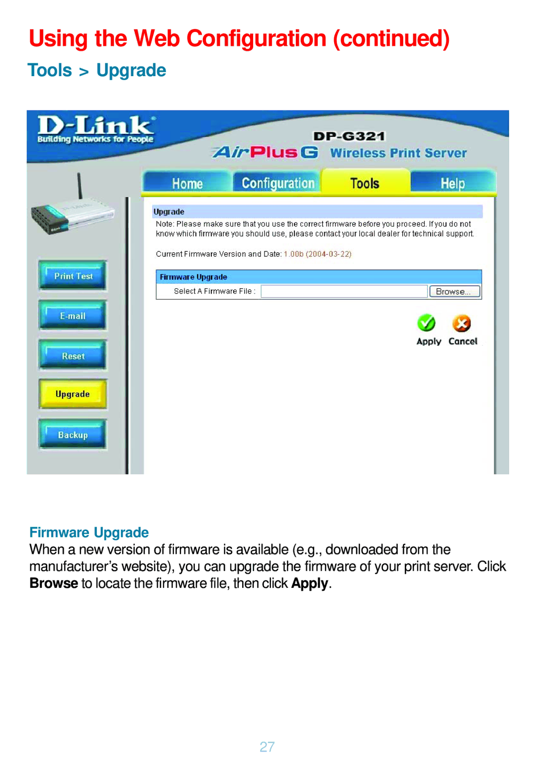 D-Link DP-G321 manual Tools Upgrade, Firmware Upgrade 