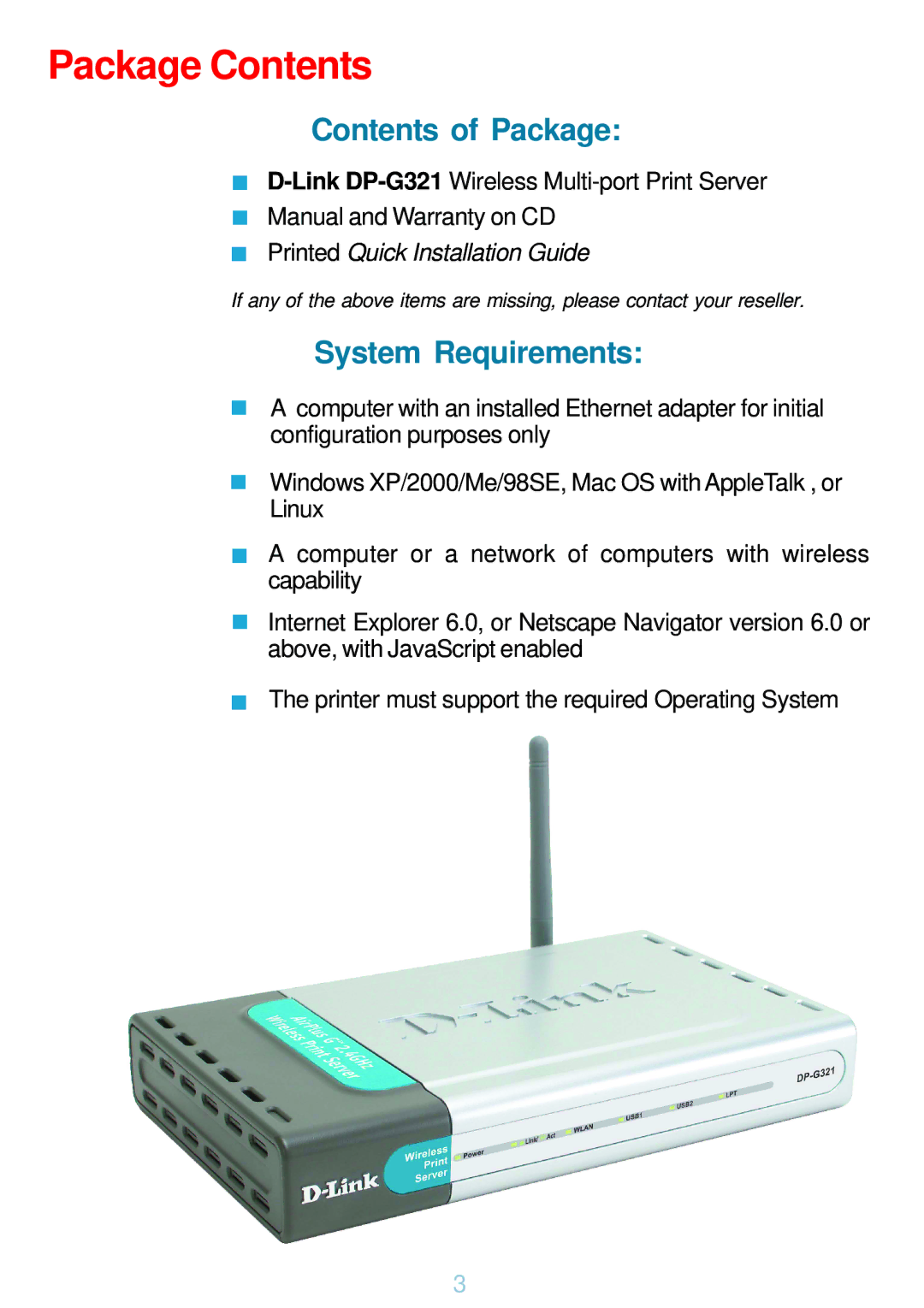 D-Link DP-G321 manual Package Contents 