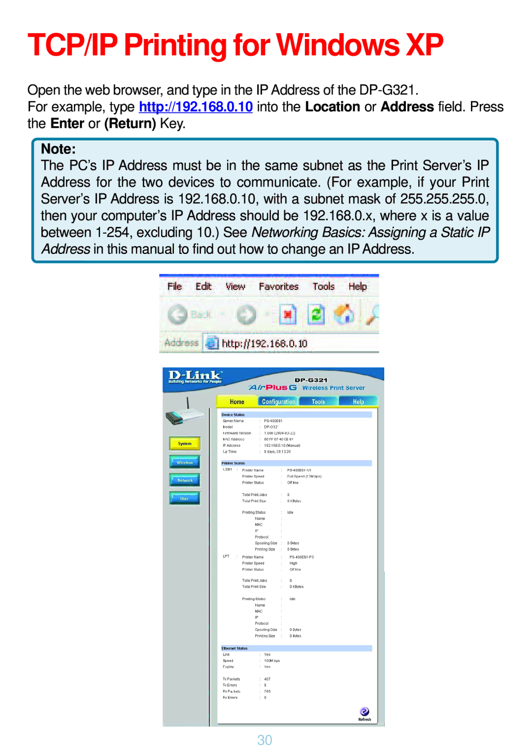 D-Link DP-G321 manual TCP/IP Printing for Windows XP 