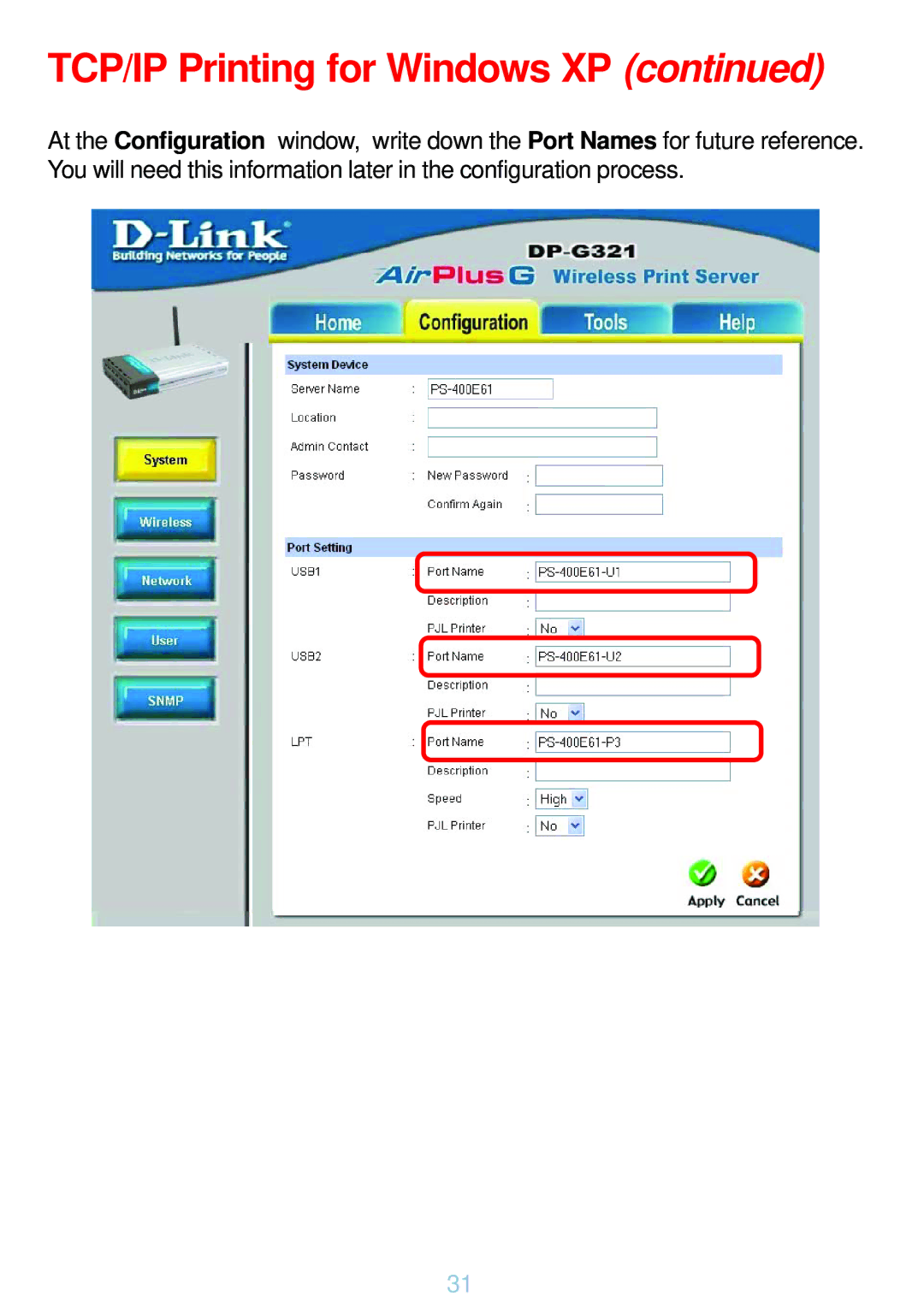 D-Link DP-G321 manual TCP/IP Printing for Windows XP 