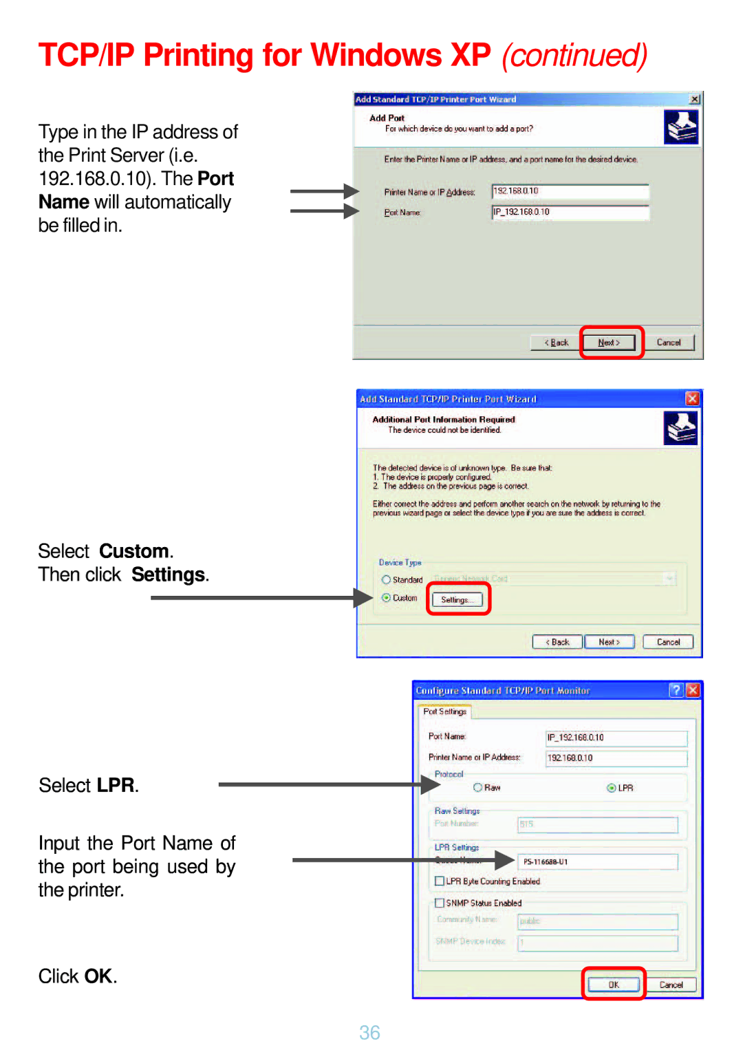 D-Link DP-G321 manual TCP/IP Printing for Windows XP 