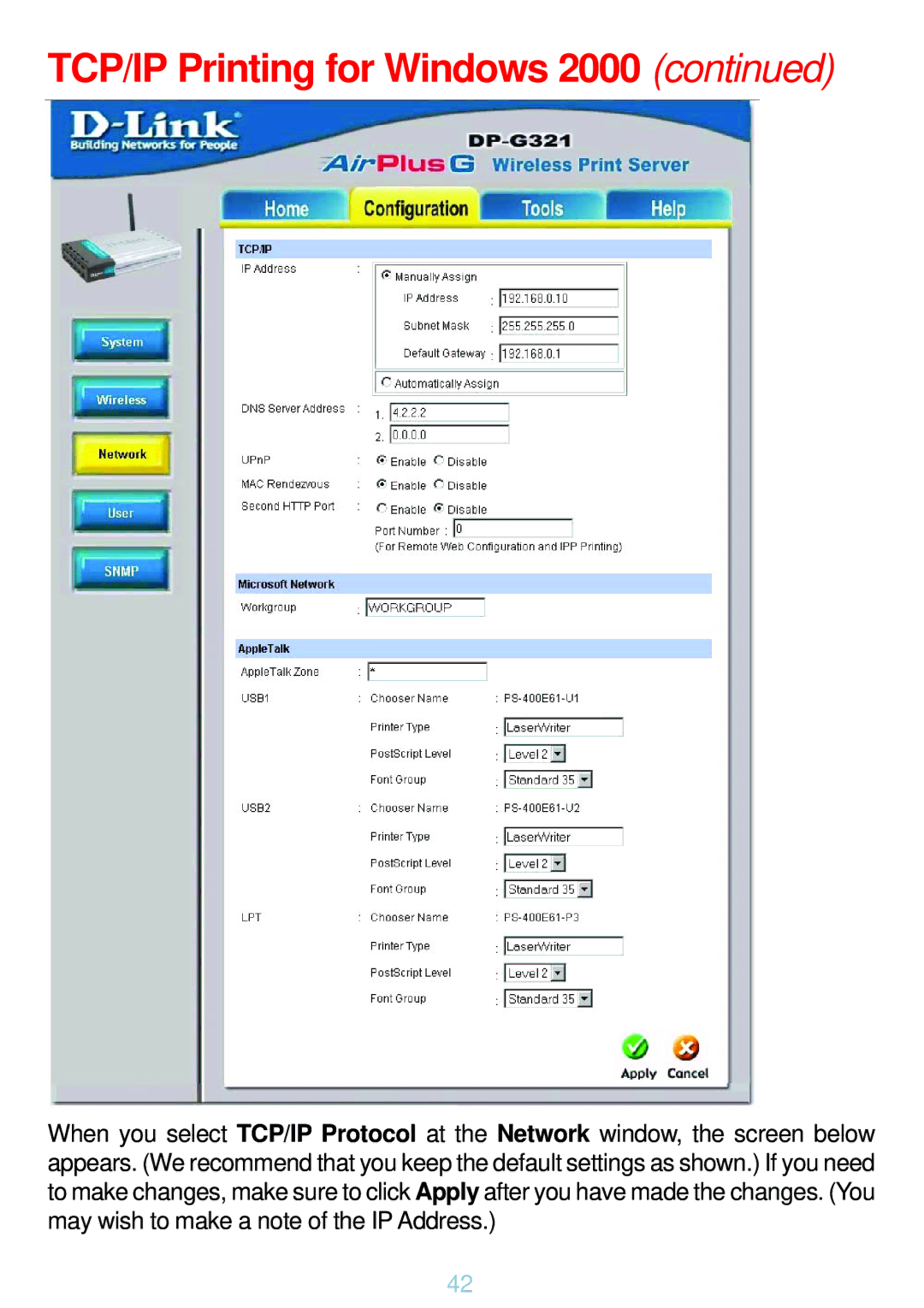 D-Link DP-G321 manual TCP/IP Printing for Windows 