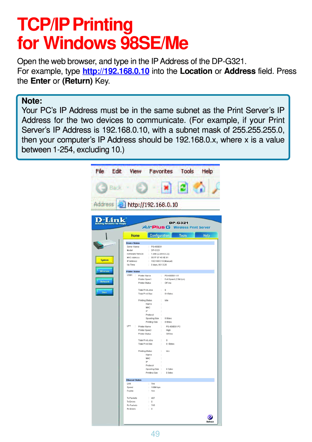 D-Link DP-G321 manual TCP/IP Printing For Windows 98SE/Me 