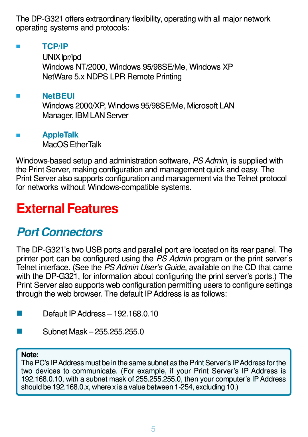 D-Link DP-G321 manual External Features, Tcp/Ip 