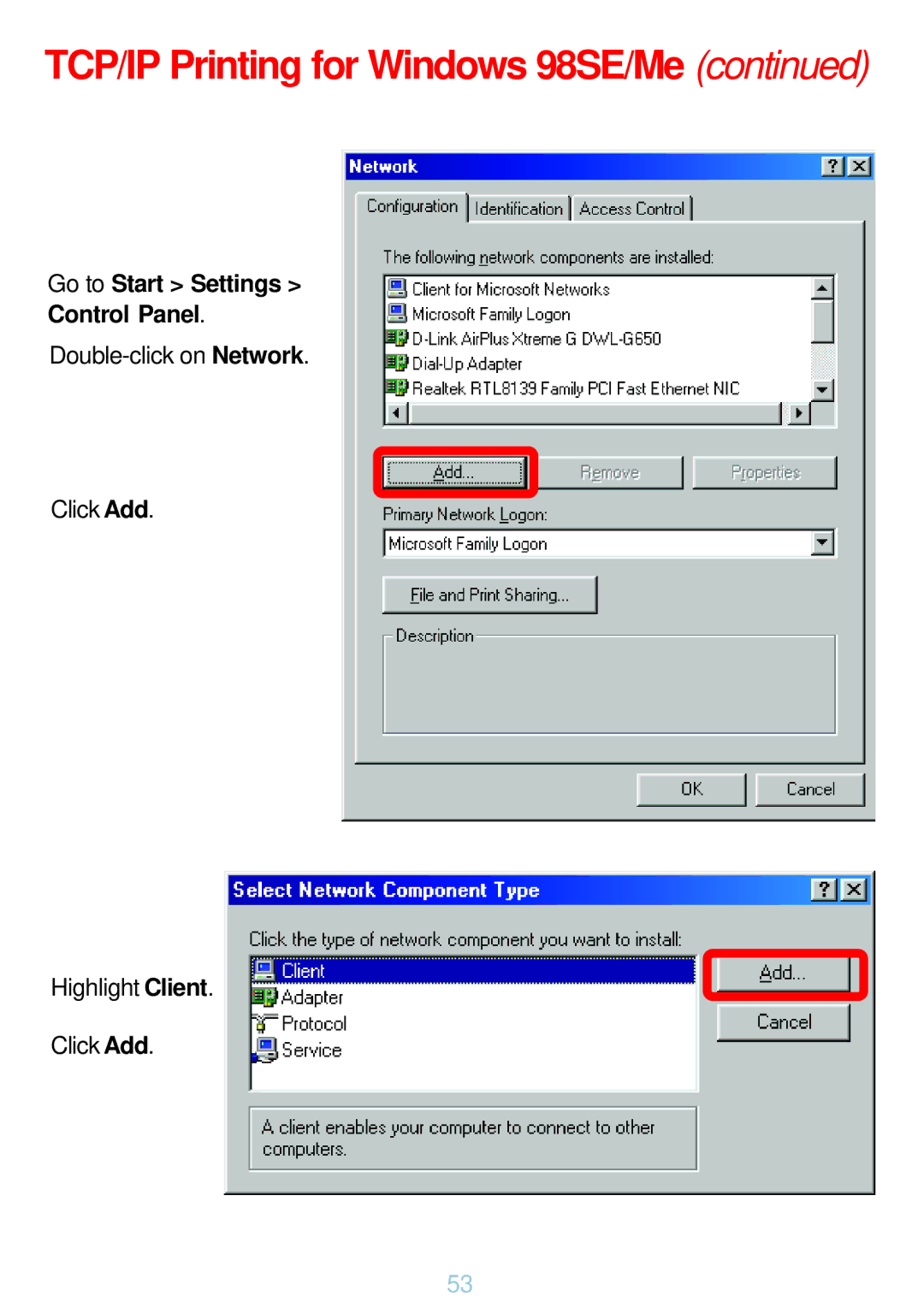 D-Link DP-G321 manual Go to Start Settings Control Panel 