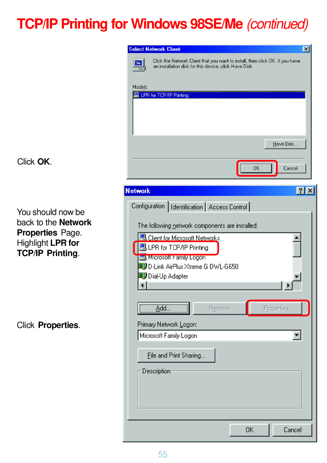 D-Link DP-G321 manual Click Properties 