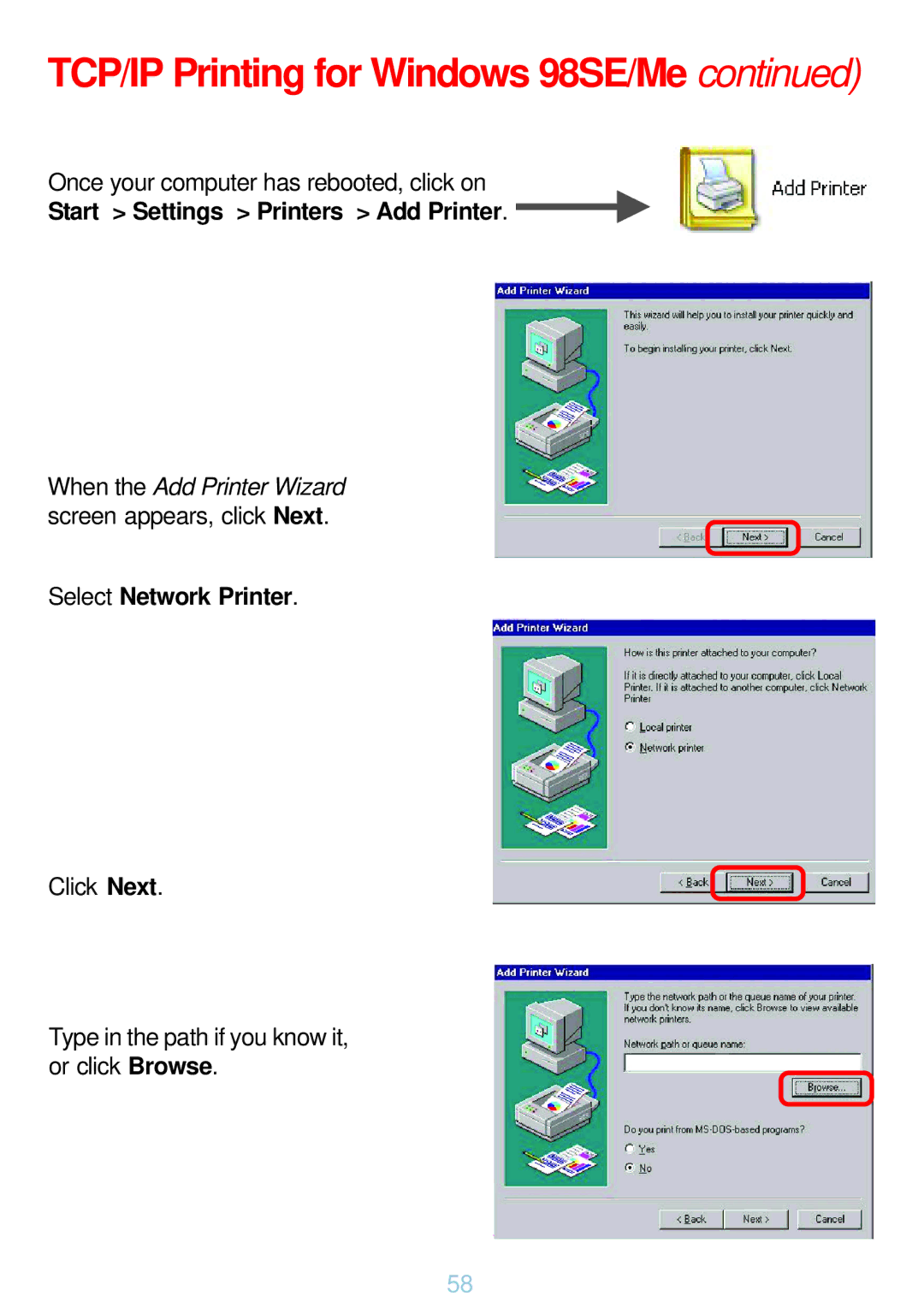 D-Link DP-G321 manual Start Settings Printers Add Printer, Select Network Printer 