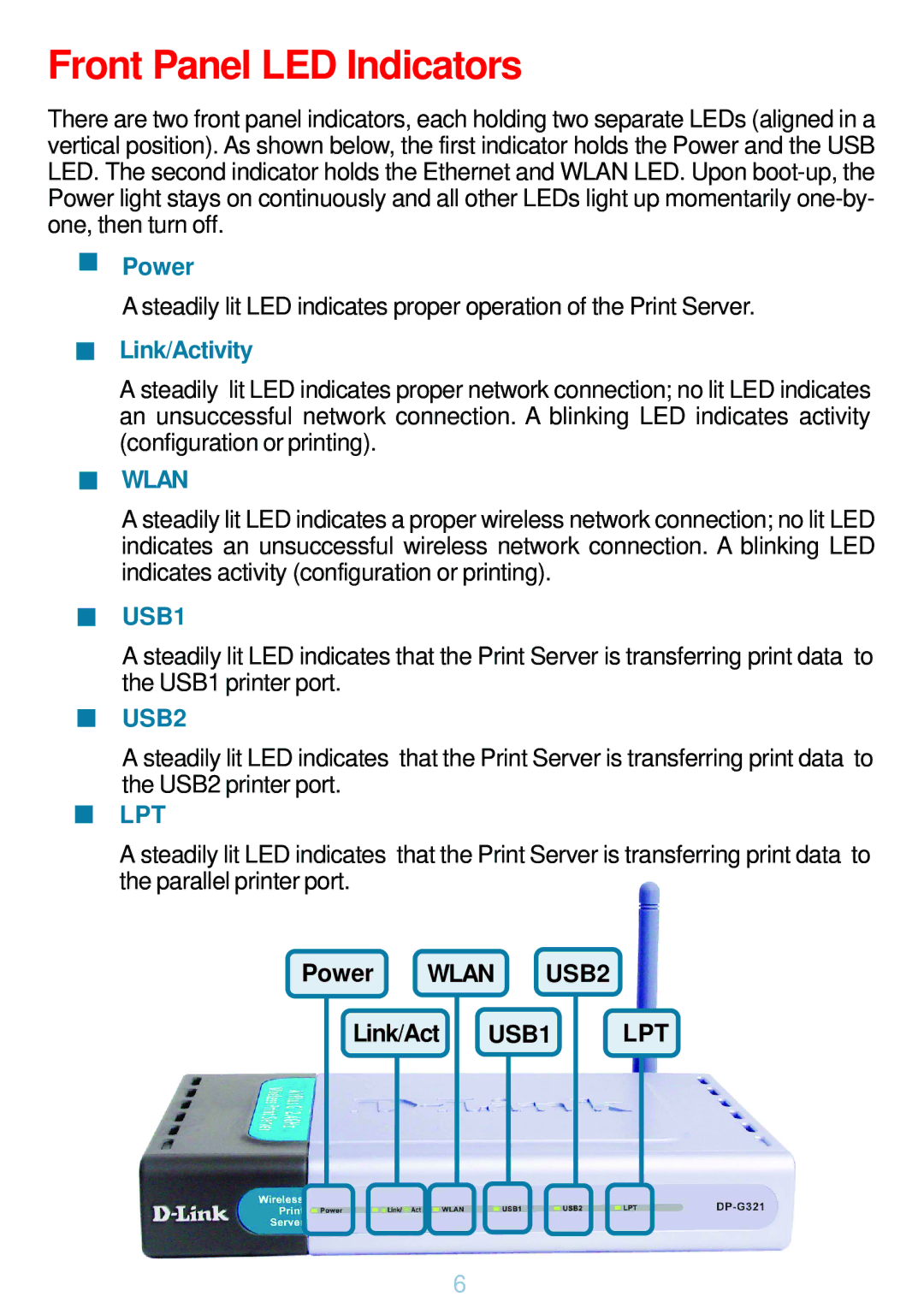 D-Link DP-G321 manual Front Panel LED Indicators, Power, Link/Act 