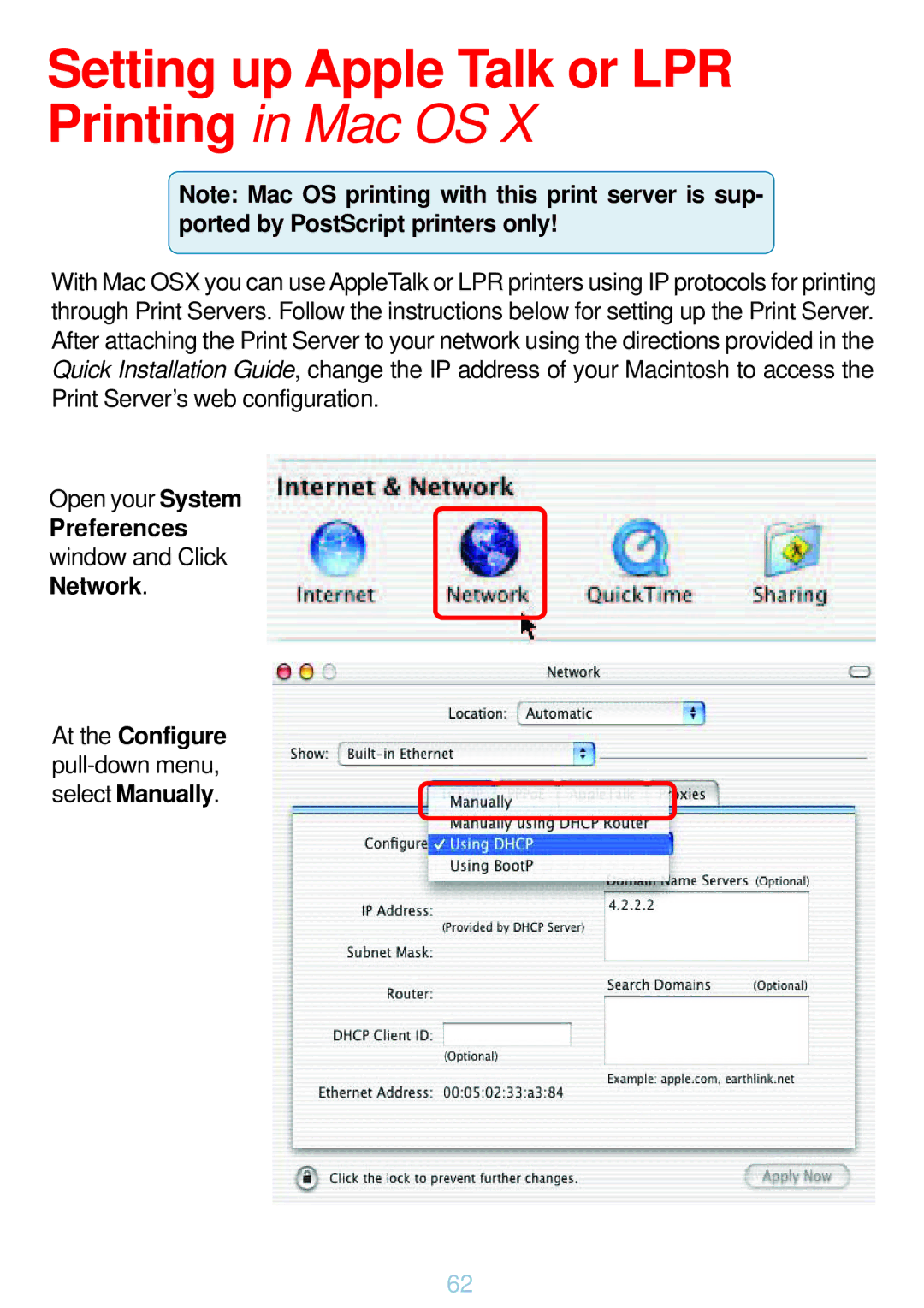 D-Link DP-G321 manual Setting up Apple Talk or LPR Printing in Mac OS 