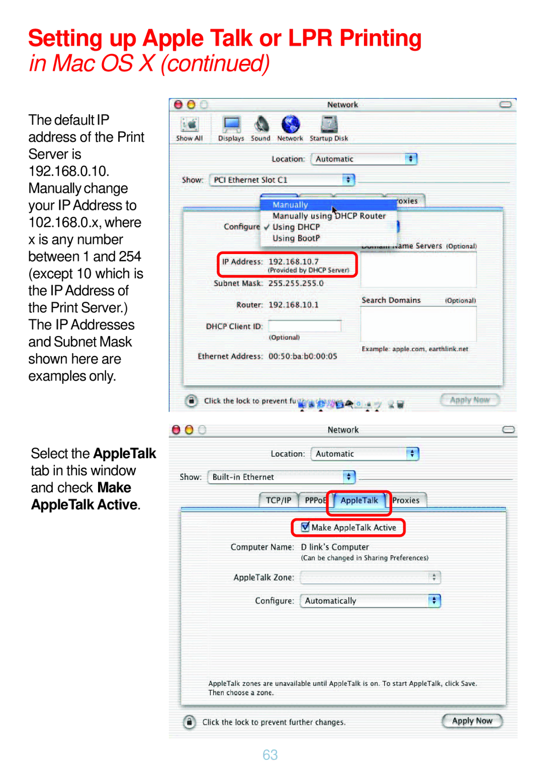 D-Link DP-G321 manual Setting up Apple Talk or LPR Printing, Mac OS 