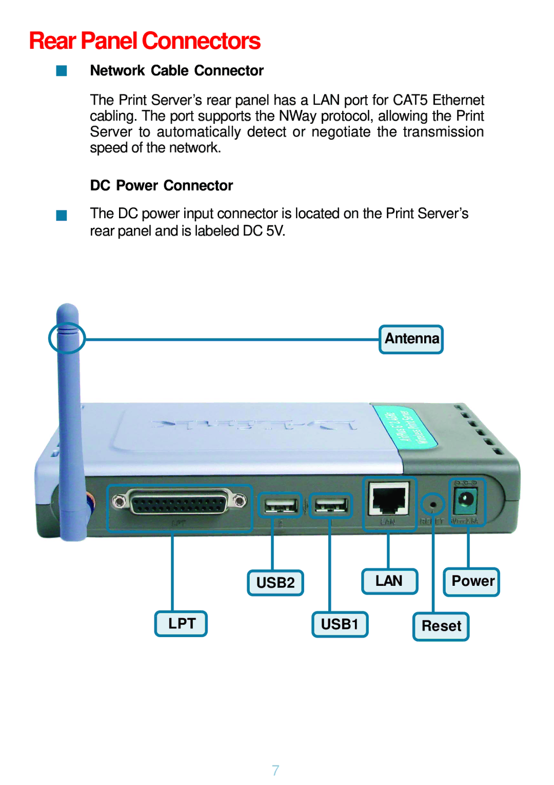 D-Link DP-G321 manual Rear Panel Connectors, Network Cable Connector, DC Power Connector, Antenna 