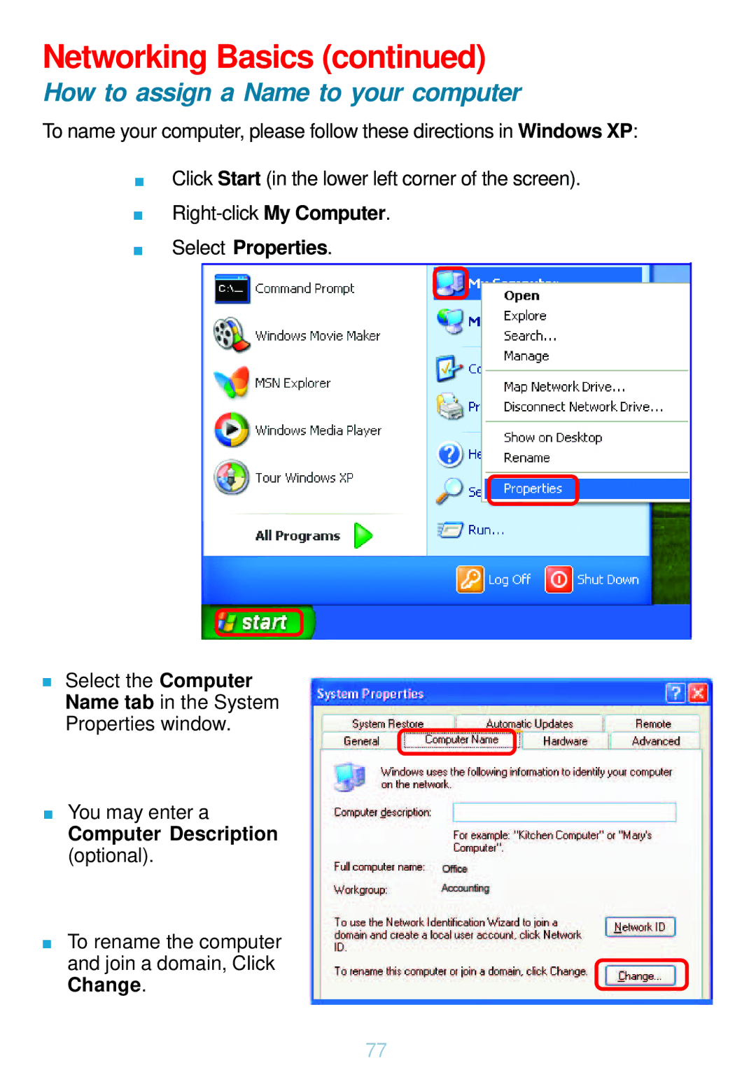 D-Link DP-G321 manual How to assign a Name to your computer, Select Properties 