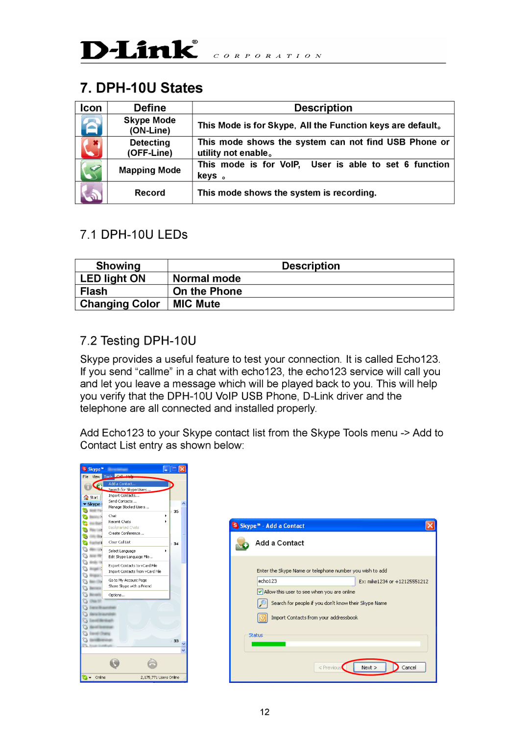 D-Link manual DPH-10U States, Testing DPH-10U 