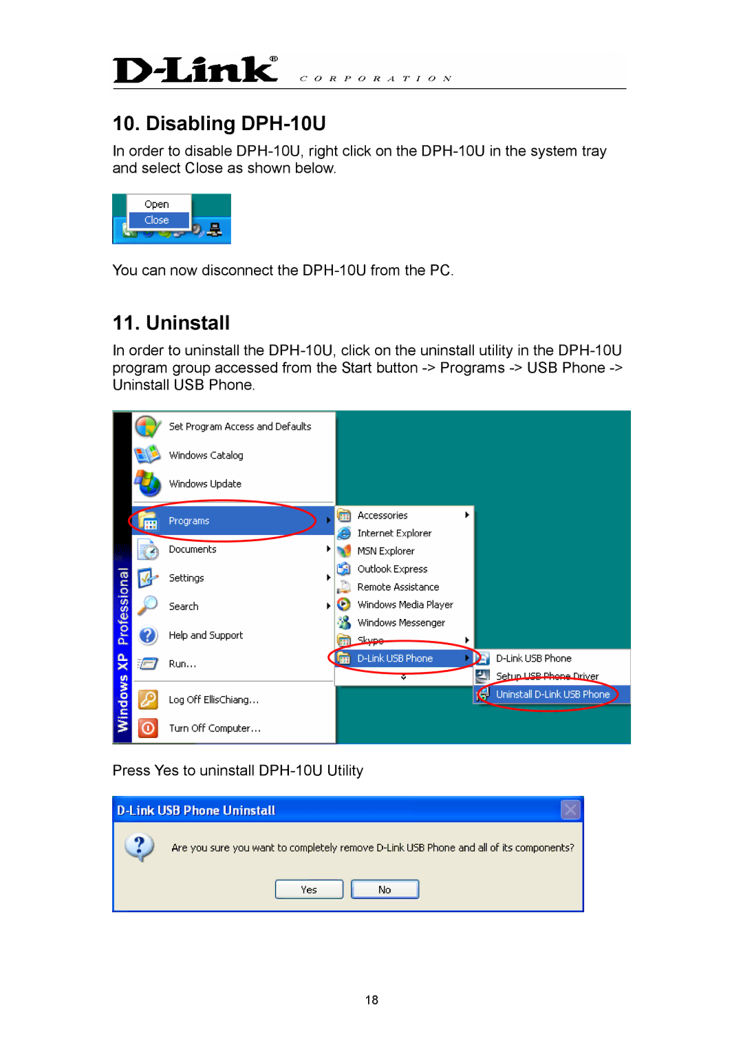 D-Link manual Disabling DPH-10U, Uninstall 