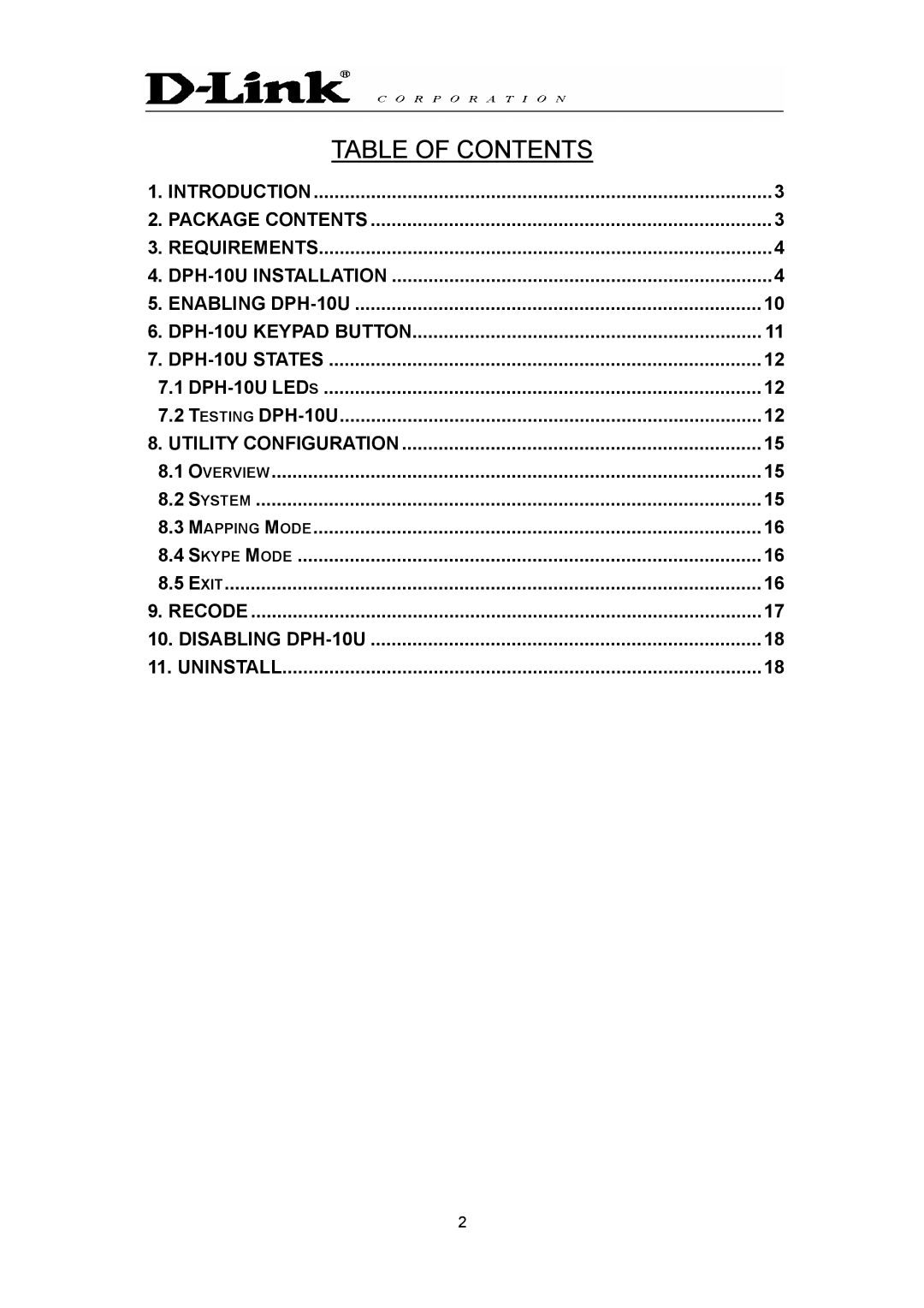 D-Link DPH-10U manual Table of Contents 