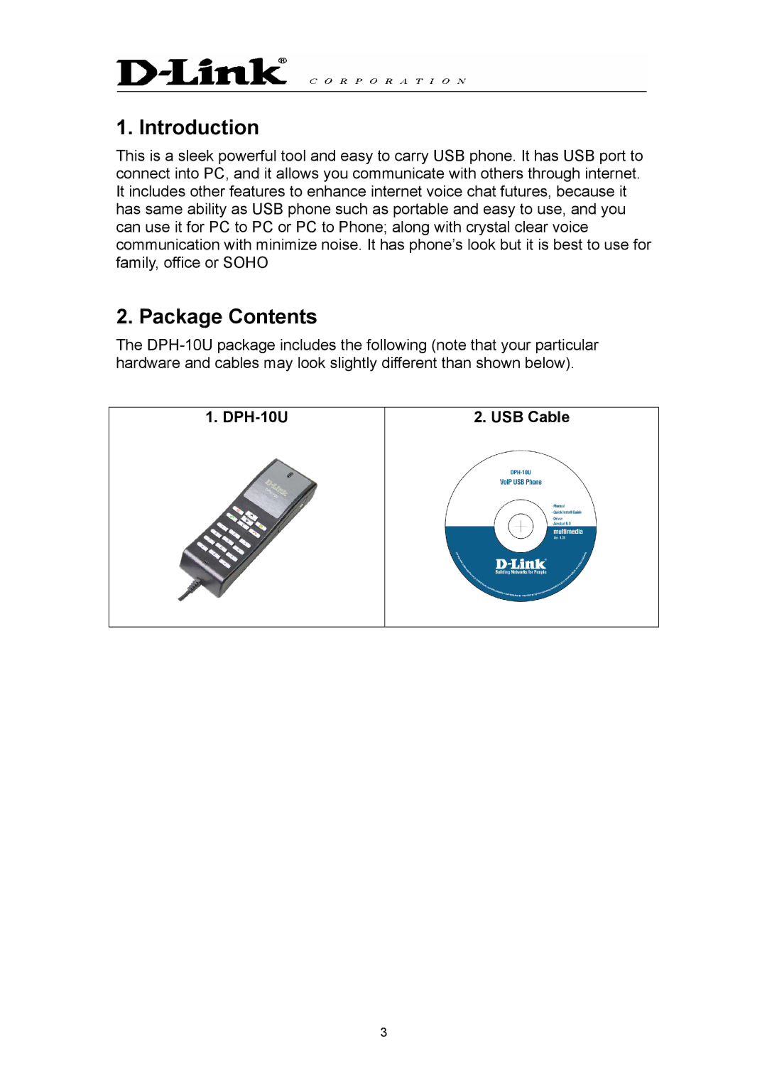 D-Link DPH-10U manual Introduction, Package Contents 