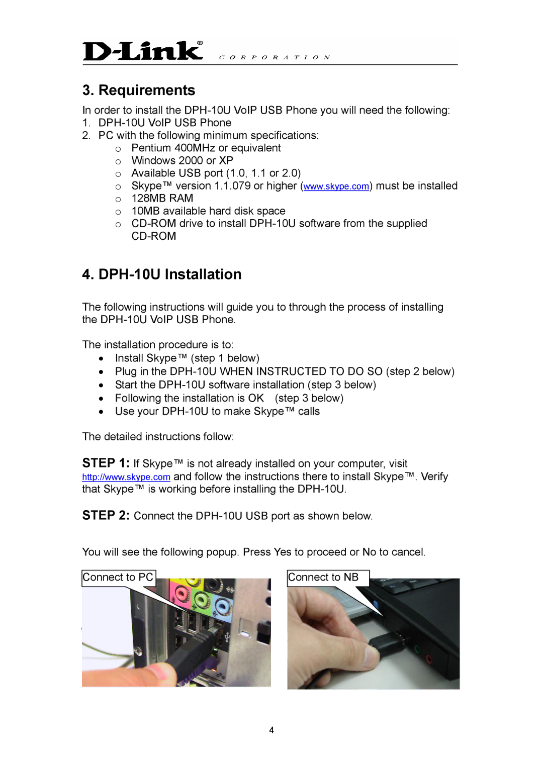 D-Link manual Requirements, DPH-10U Installation 