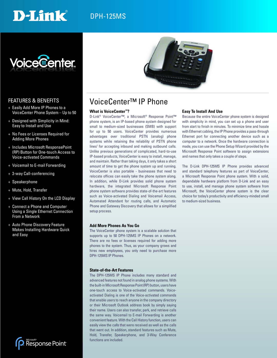 D-Link DPH-125MS manual What is VoiceCenter?, Add More Phones As You Go, State-of-the-Art Features 