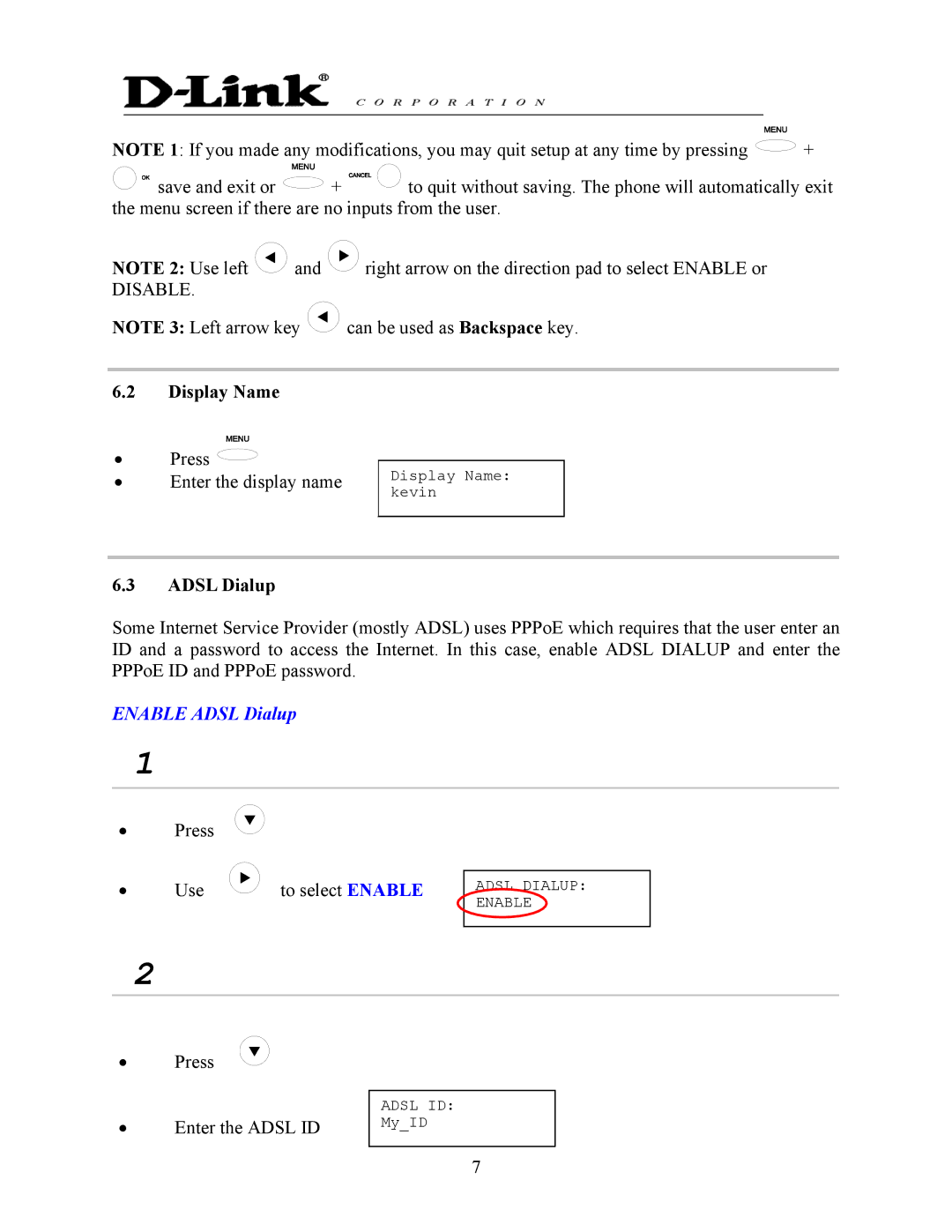 D-Link DPH-140S manual Display Name, Adsl Dialup 