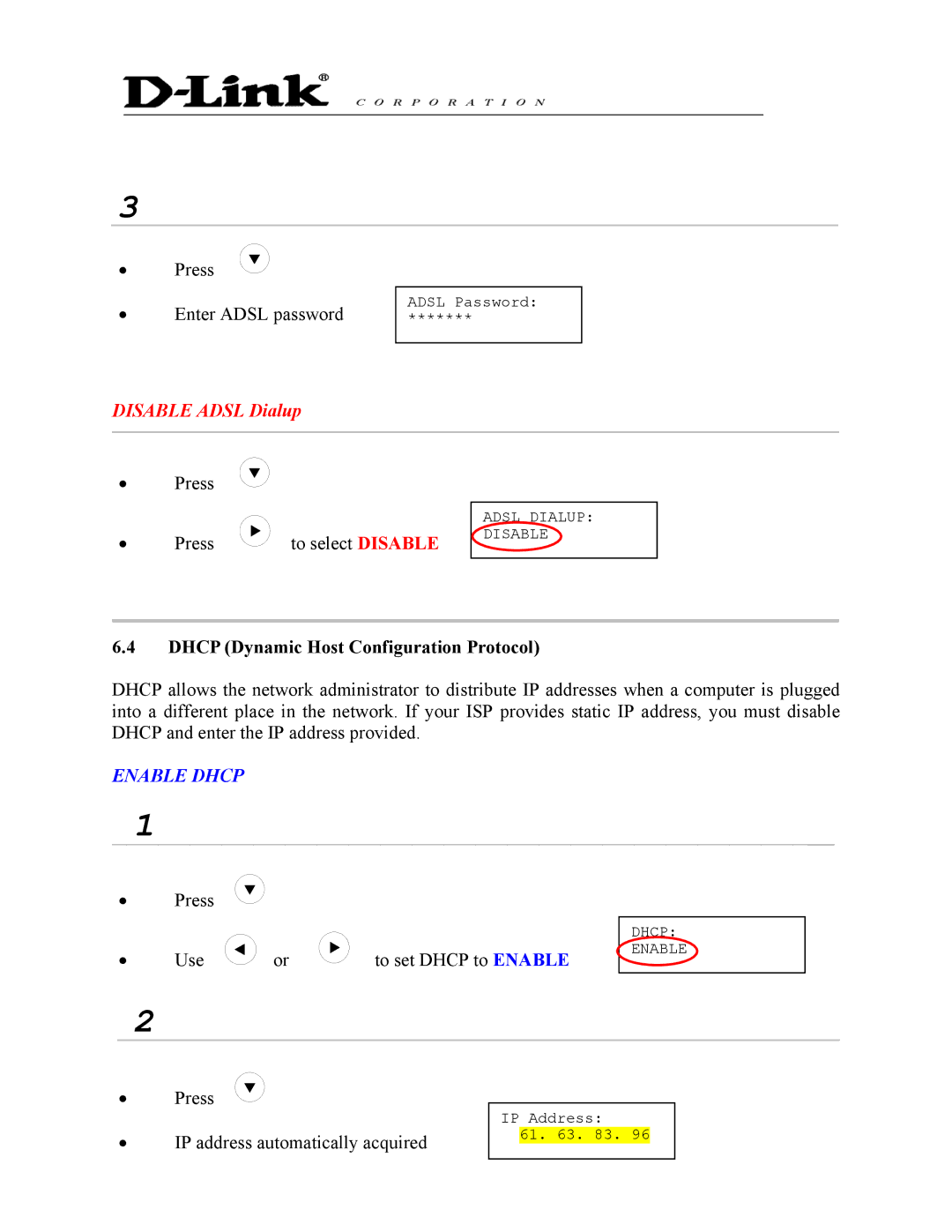 D-Link DPH-140S manual Disable Adsl Dialup, Dhcp Dynamic Host Configuration Protocol 